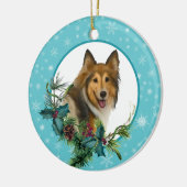 Collie Snowflake Blue Frame Holiday Bouquet Keramik Ornament (Links)