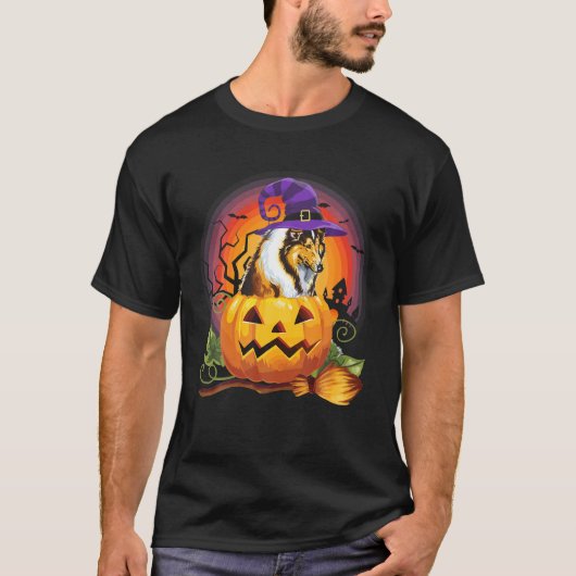 Collie Witch Pumpkin Halloween Hund Lover Kostüm T-Shirt (Vorderseite)