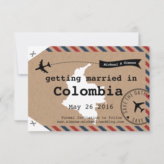 Colombia Map Airmail Gepäcktarif Save the Date (Rückseite)