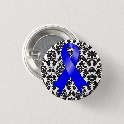 Colon Cancer Damask Blue Ribbon Button (Vorne & Hinten)