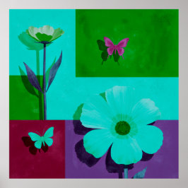 Color Block Floral Art Print with Butterflies Poster