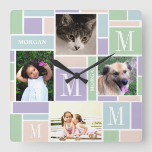 Color Block Fun Pastels Simple Modern 4 Photo Quadratische Wanduhr