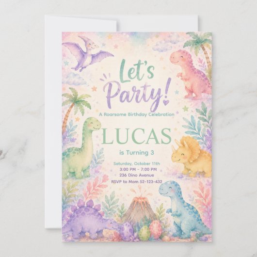 Color Dinosaur Birthday Invitation Editable Einladung (Vorderseite)