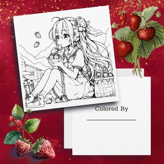 Color Me Card für Kinder | Anime Girl Strawberries Karte