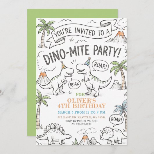 Color Me Dinosaur Birthday Party Einladung (Vorne/Hinten)