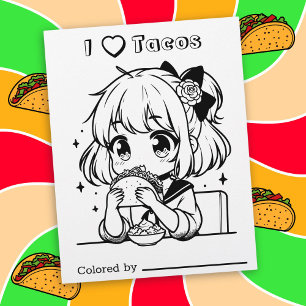 Color Me Page für Kinder I Liebe Tacos Anime Gir