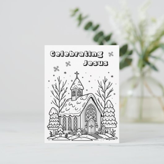 Color-Me-Seite | Weihnachtskirche Postkarte (Stehend Vorderseite)