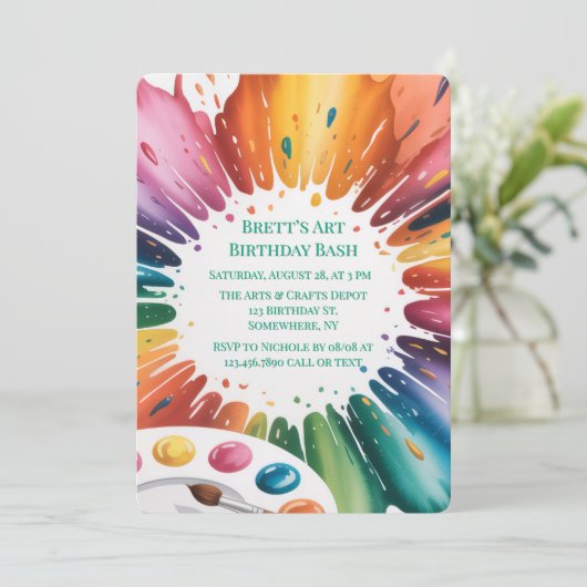 Color Splash Art Birthday Bash Einladung (Stehend Vorderseite)