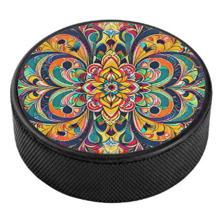 Color Symphony Mandala – Bold Psychedelic Floral Eishockey Puck