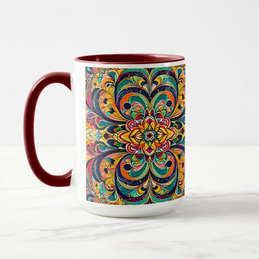Color Symphony Mandala – Bold Psychedelic Floral Tasse (Links)