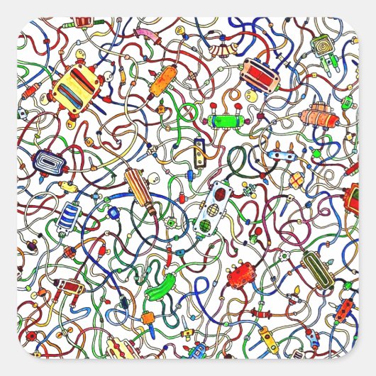 Color Tangled Electrical Wiring Cartoon Quadratischer Aufkleber (Vorderseite)