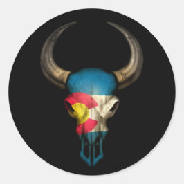 Colorado Flag Bull Skull auf Schwarz Runder Aufkleber