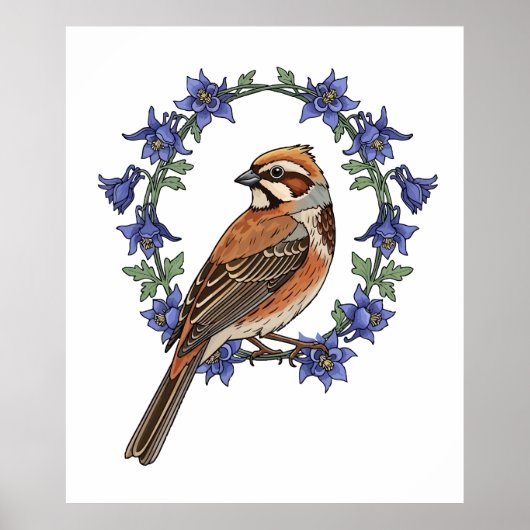 Colorado Lark Bunting Bird Surrounded By Columbine Poster (Vorne)