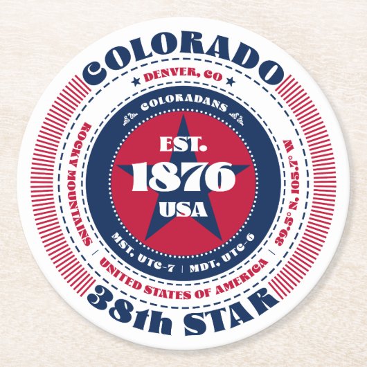 Colorado Red White Blue Typografie Runder Pappuntersetzer (Vorderseite)