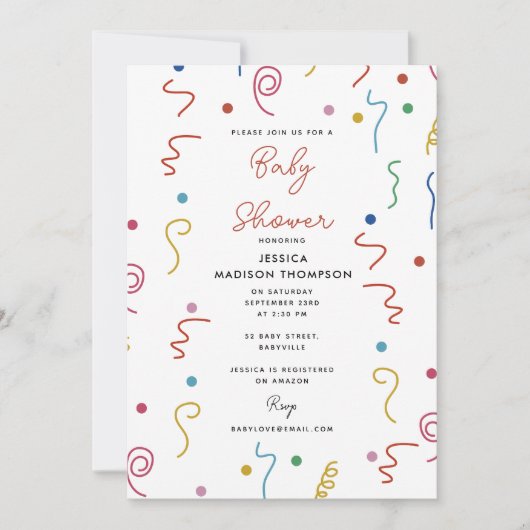 Colored Party Confetti Baby Shower Einladung (Vorderseite)