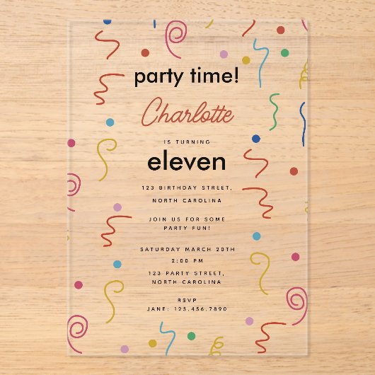 Colored Party Confetti Birthday Party Time Acryleinladungen (Vorderseite)