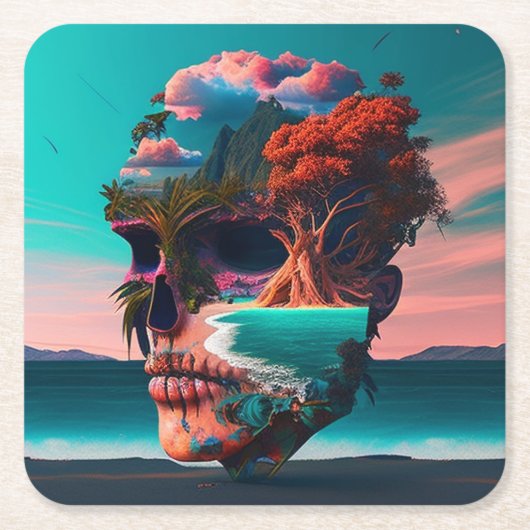 Colored Skull Head Rechteckiger Pappuntersetzer (Vorderseite)