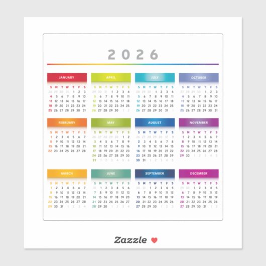 Colorful 2026 Calendar - Rainbow Colors 3 Columns Aufkleber (Blatt)