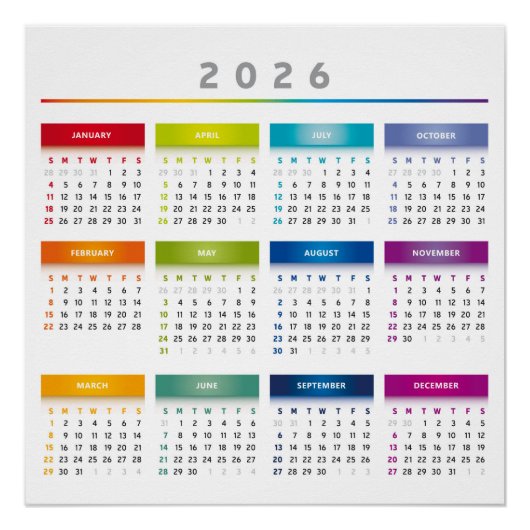 Colorful 2026 Calendar - Rainbow Colors 3 Columns Poster (Vorderseite)
