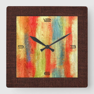 Colorful Abstract Wood Grain Modern Burlap Border Quadratische Wanduhr