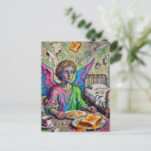 Colorful Angel at Breakfast Art Brut Style Postkarte (Stehend Vorderseite)