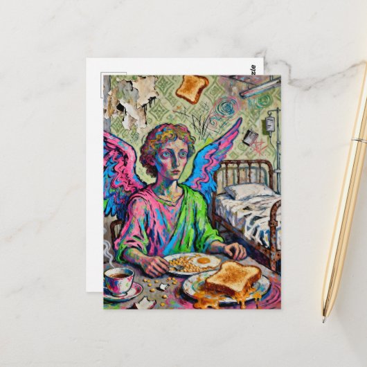 Colorful Angel at Breakfast Art Brut Style Postkarte (Vorderseite/Rückseite Beispiel)