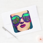 Colorful Art Woman in Sonnenbrille Städtische Refl Quadratischer Aufkleber (Umschlag)