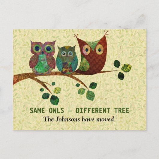 Colorful Artistic Owls Neue Adresse Ankündigungspostkarte (Vorderseite)