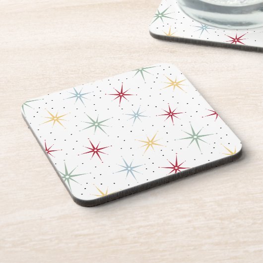 Colorful Atomic Starburst Mid Century Retro Getränkeuntersetzer (Linke Seite)