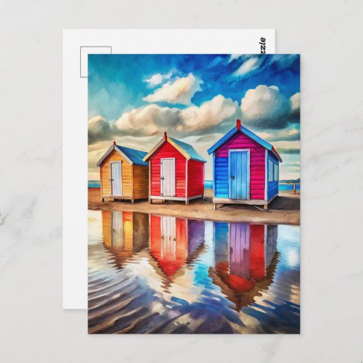 Colorful Beach Huts Ocean Reflection Coastal Postkarte (Vorne/Hinten)