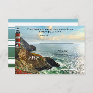 Colorful Beach Lighthouse Wedding RSVP Card Einladung