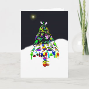 Colorful Bird Christmas Tree in the Snow Feiertagskarte