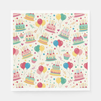Colorful Birthday Cakes and Balloons Paper Napkins Serviette