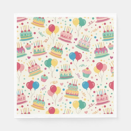 Colorful Birthday Cakes and Balloons Paper Napkins Serviette (Vorderseite)
