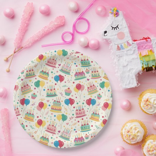 Colorful Birthday Cakes and Balloons Paper Plates Pappteller (Party)