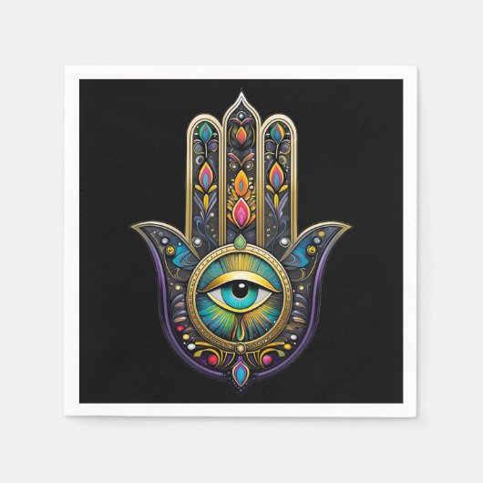 Colorful Black Gold Hamsa w/ Turquoise Third Eye Serviette (Vorderseite)