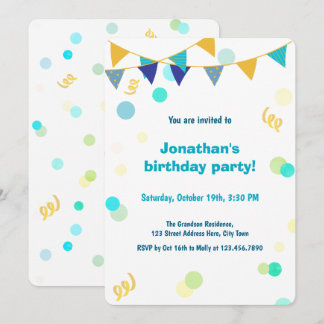Colorful Blue Green & Yellow Confetti Boy Birthday Einladung