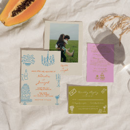 Colorful Blue Orang Hand Drawn Whimsical Wedding Einladung