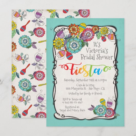 Colorful Boho Floral Mexican Fiesta Brautparty Einladung (Vorne/Hinten)