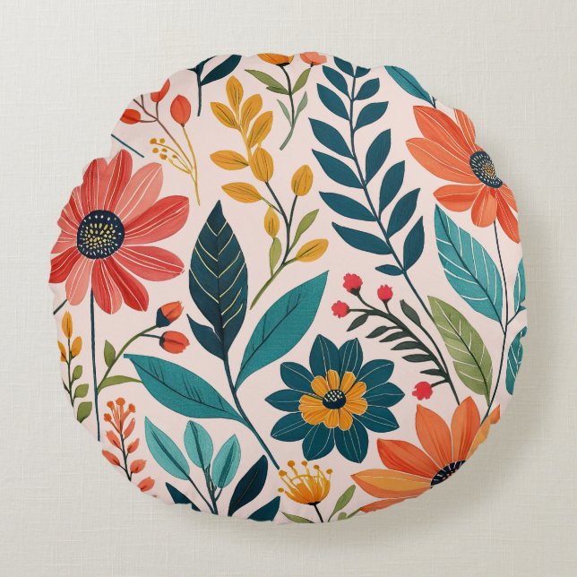 Colorful Boho Floral Rundes Kissen (Vorderseite)