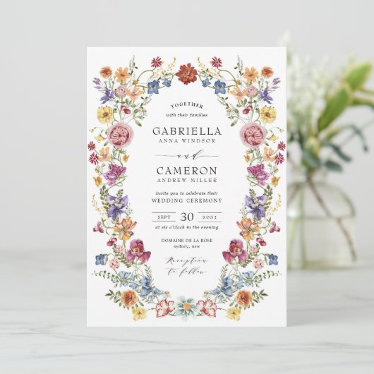 Colorful & Bold Boho Flower Garden Wedding Einladung (Stehend Vorderseite)