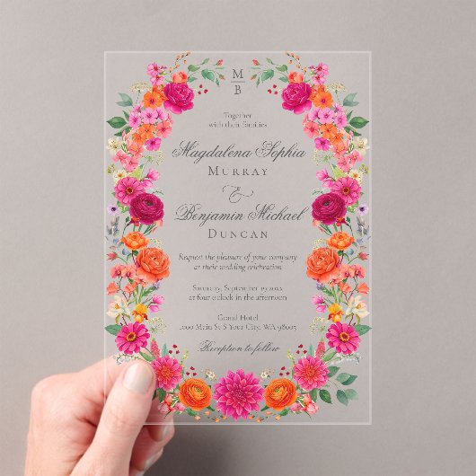 Colorful Bold Pink & Orange Floral Garden Wedding Acryleinladungen (Insitu (Handheld))