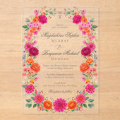 Colorful Bold Pink & Orange Floral Garden Wedding Acryleinladungen (Vorderseite)