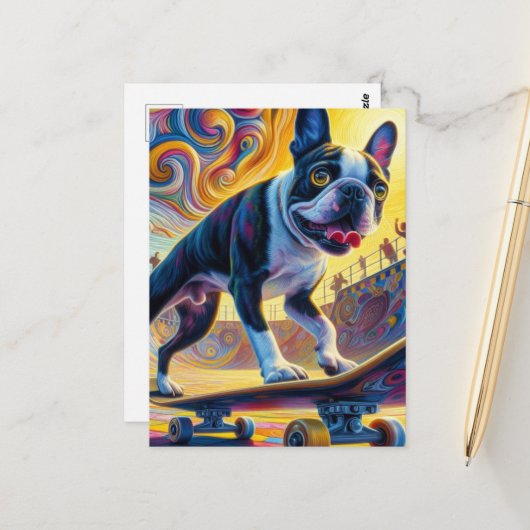 Colorful Boston Terrier Skateboarding Postkarte (Vorderseite/Rückseite Beispiel)