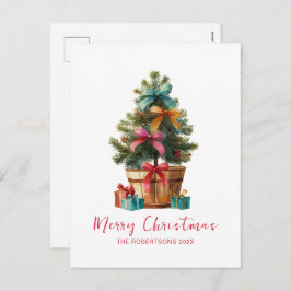 Colorful Bows Rustic Christmas Tree Postcard Feiertagspostkarte