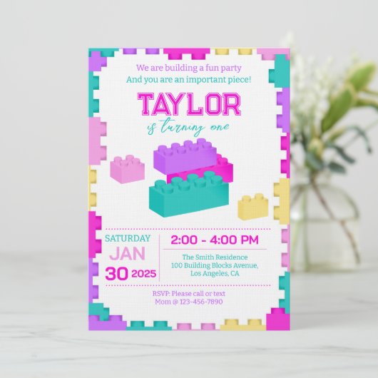 Colorful Bricks Building Blocks Birthday Party Einladung (Stehend Vorderseite)
