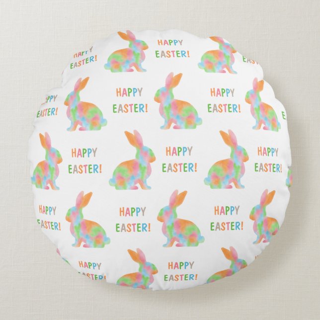 Colorful Bunnies Pattern With Happy Easter Text Rundes Kissen (Vorderseite)