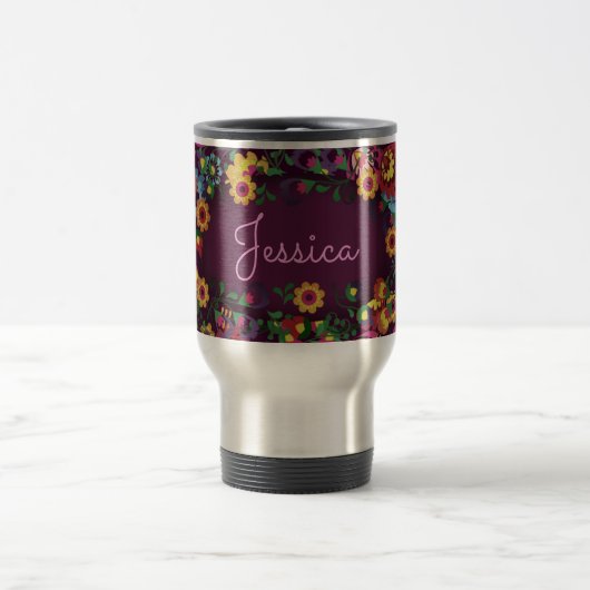 Colorful Busy Floral Pattern Purple Personalised Reisebecher (Mittel)