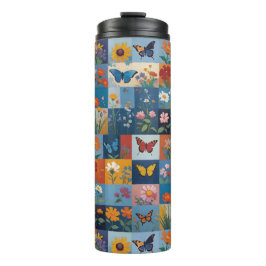 Colorful Butterflies And Wildflowers Patchwork Thermosbecher