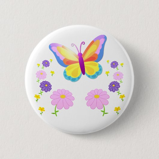 Colorful Butterfly and Flowers Button Badge (Vorderseite)